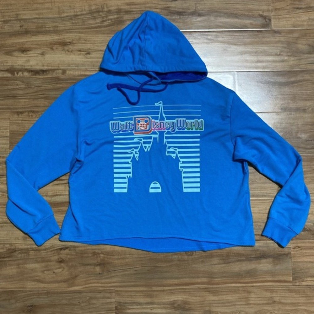 Walt Disney‎ World Cinderella Castle Blue Hoodie Cropped Raw Hem Womens Large